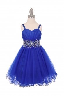 Royal Blue Sleeveless Mesh Junior Bridesmaid Dress with Beaded Waistline